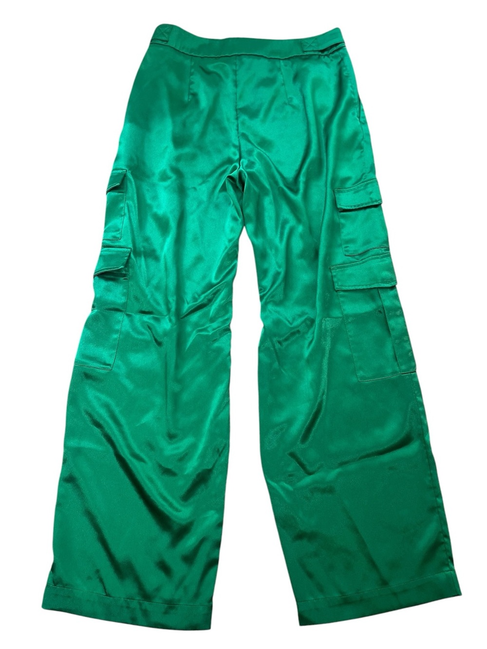 Emerald Green Satin Wide Leg Cargo Pants Size 8 Hi Rise Utility Summer Skater - Picture 2 of 11